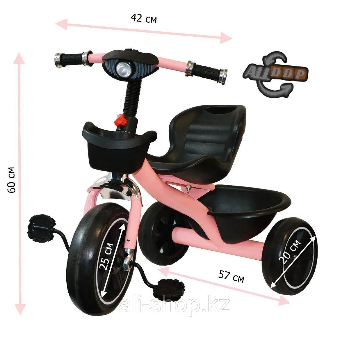 Трехколесный детский велосипед с led фонариком музыкальными эффектами багажником и корзинкой розовый - фото 2 - id-p113469603