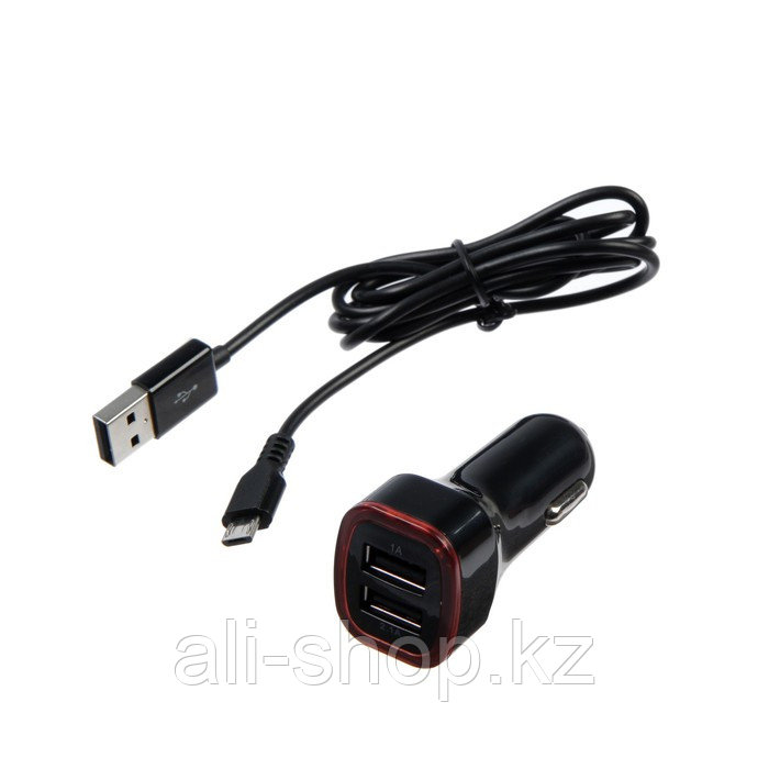 Автомобильное зарядное устройство Seven, 2 USB, 2.1 A, кабель micro USB, черное - фото 1 - id-p113471025