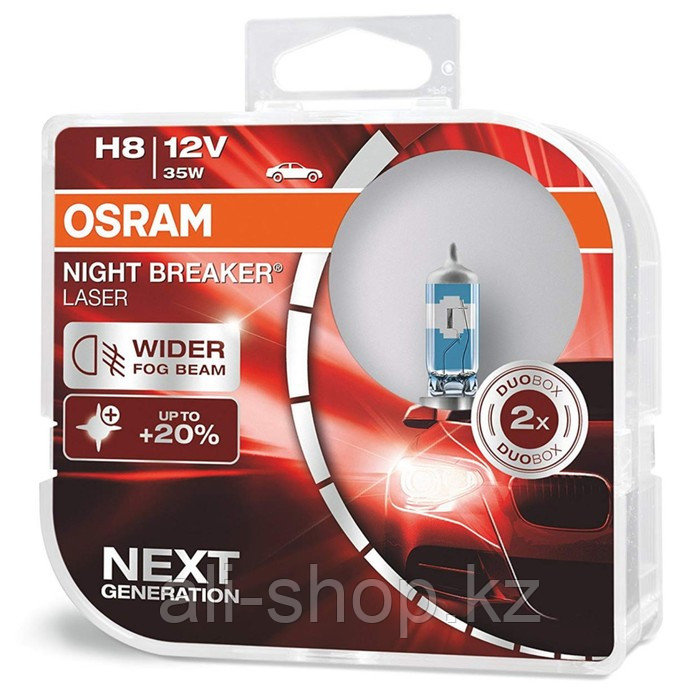 Лампа автомобильная Osram Night Breaker Laser +150%, H8, 12 В, 35 Вт, набор 2 шт, 64212NL-HCB 4666 - фото 1 - id-p113471963
