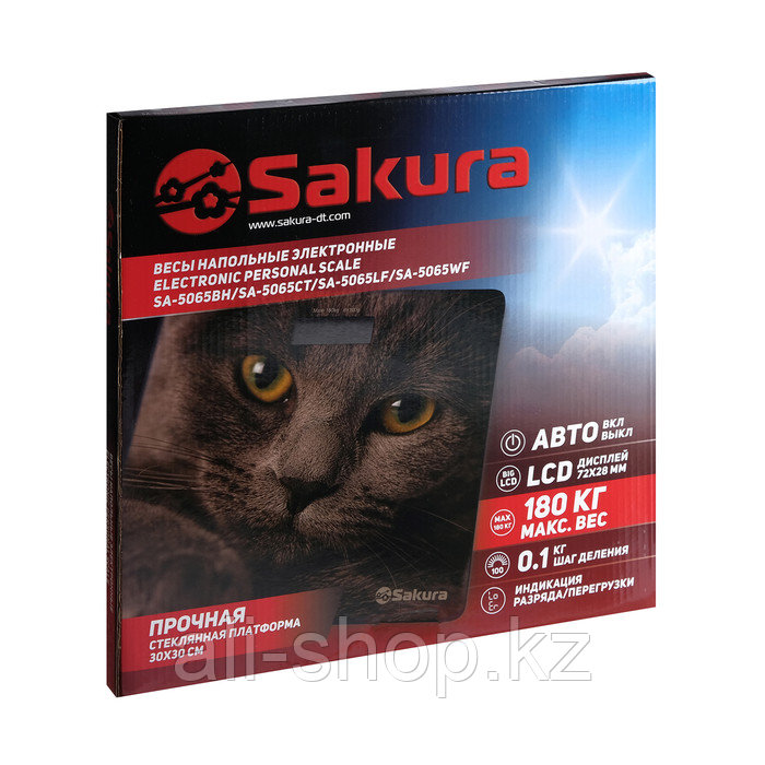 Весы напольные Sakura SA-5065CT, электронные, до 180 кг, 1хCR2032, стекло, картинка "кошка" - фото 8 - id-p113478145