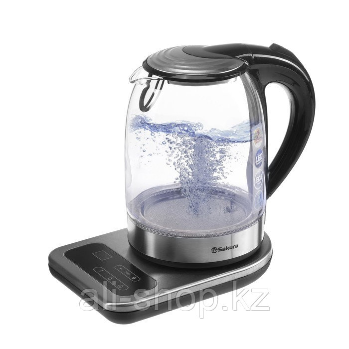 Чайник электрический Sakura SA-2724DBK, стекло, 1.7 л, 1850-2200Вт, регулировка t°, серебро - фото 1 - id-p113479891