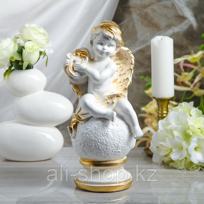 Статуэтка "Ангел с арфой на шаре" белая, 34 см - фото 1 - id-p113484815
