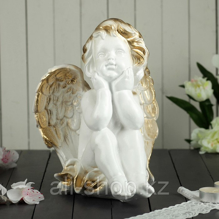 Статуэтка "Ангел мечтающий" белая, с золотистым декором, 26 см - фото 1 - id-p113484447