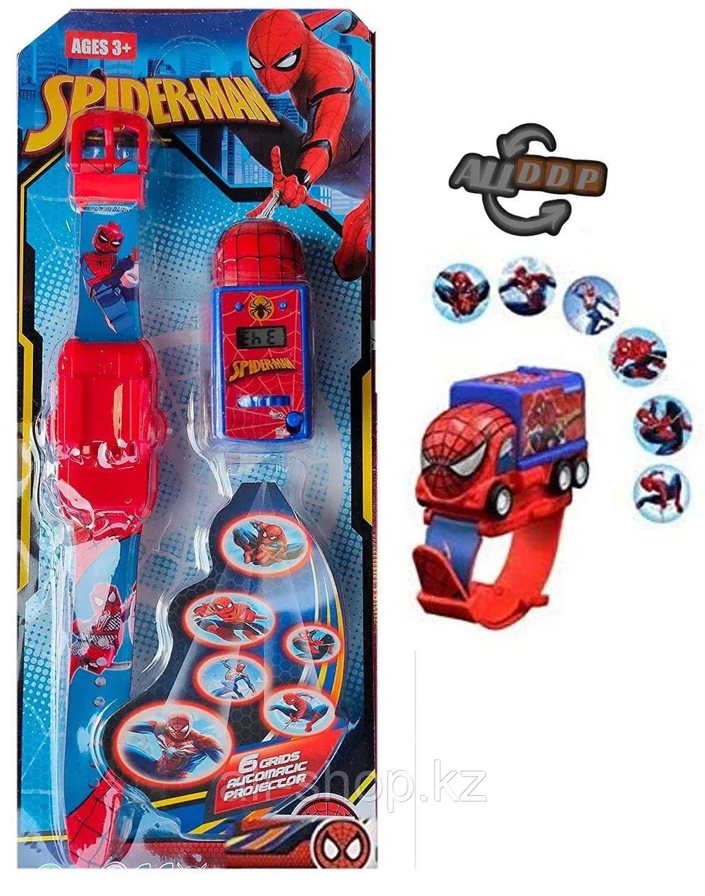 Набор детский браслет наручные часы на батарейках мини машинка световые эффекты мстители человек паук - фото 6 - id-p113495573