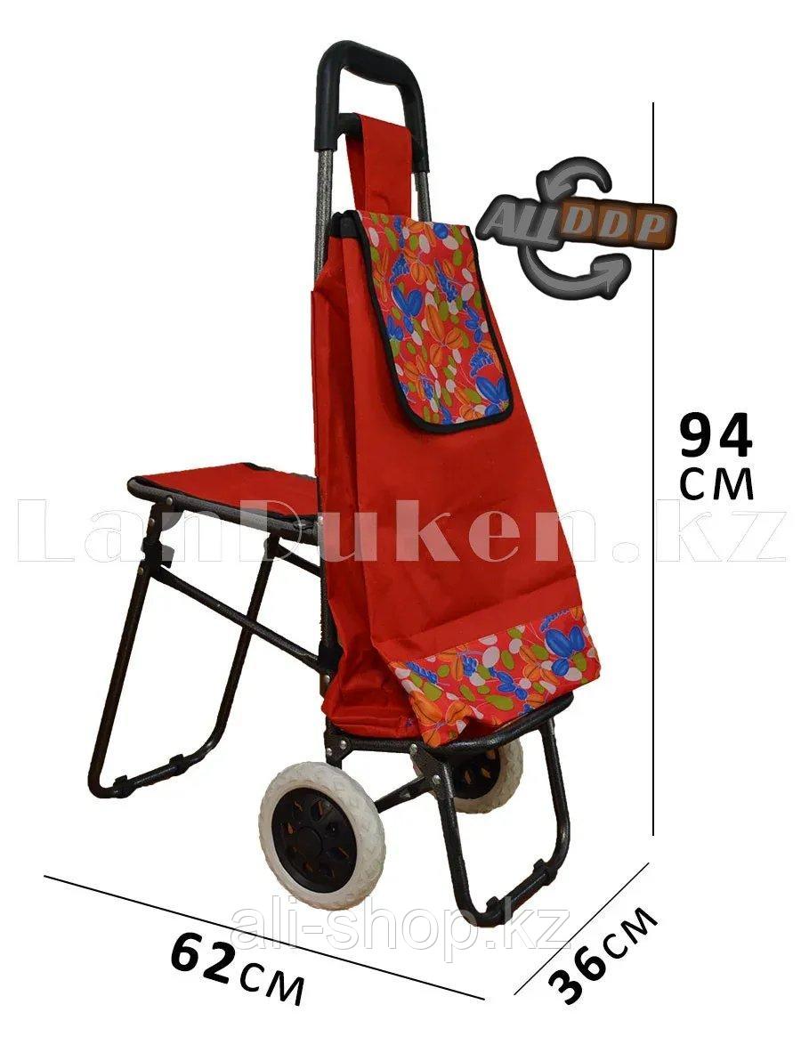 Складная сумка тележка + стульчик 2 в 1 на колесах красная с принтом - фото 1 - id-p113496599