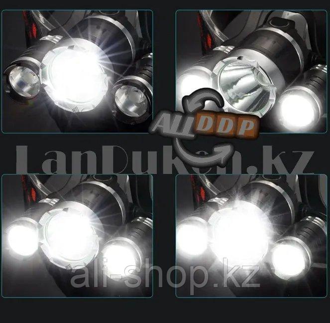 Светодиодный налобный фонарь Headlamp 3 x CREE T6 4 режима (зарядка от сети и прикуривателя, 2 аккумулятора) - фото 4 - id-p113496140