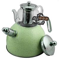 Чайник со свистком из нержавеющей стали 3 л с термостойким заварником 600 мл 2 в 1 Haus roland зеленый