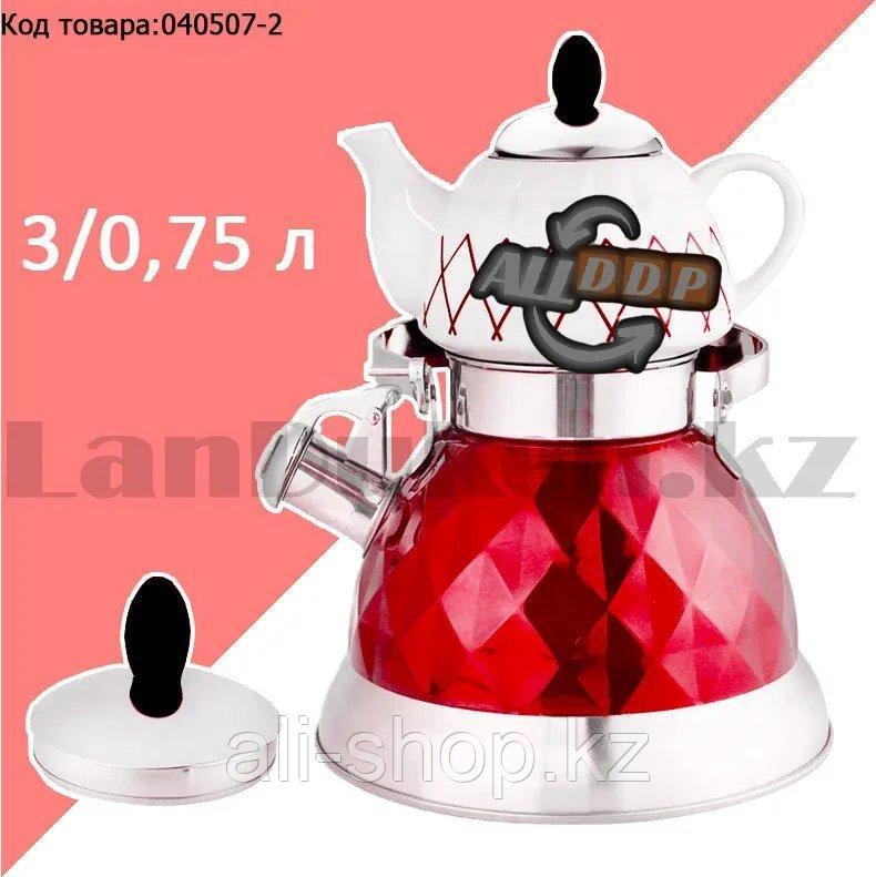 Набор чайный двойной чайник для кипячения воды со свистком и заварочный чайник с ситом А-761Т красный - фото 1 - id-p113496195