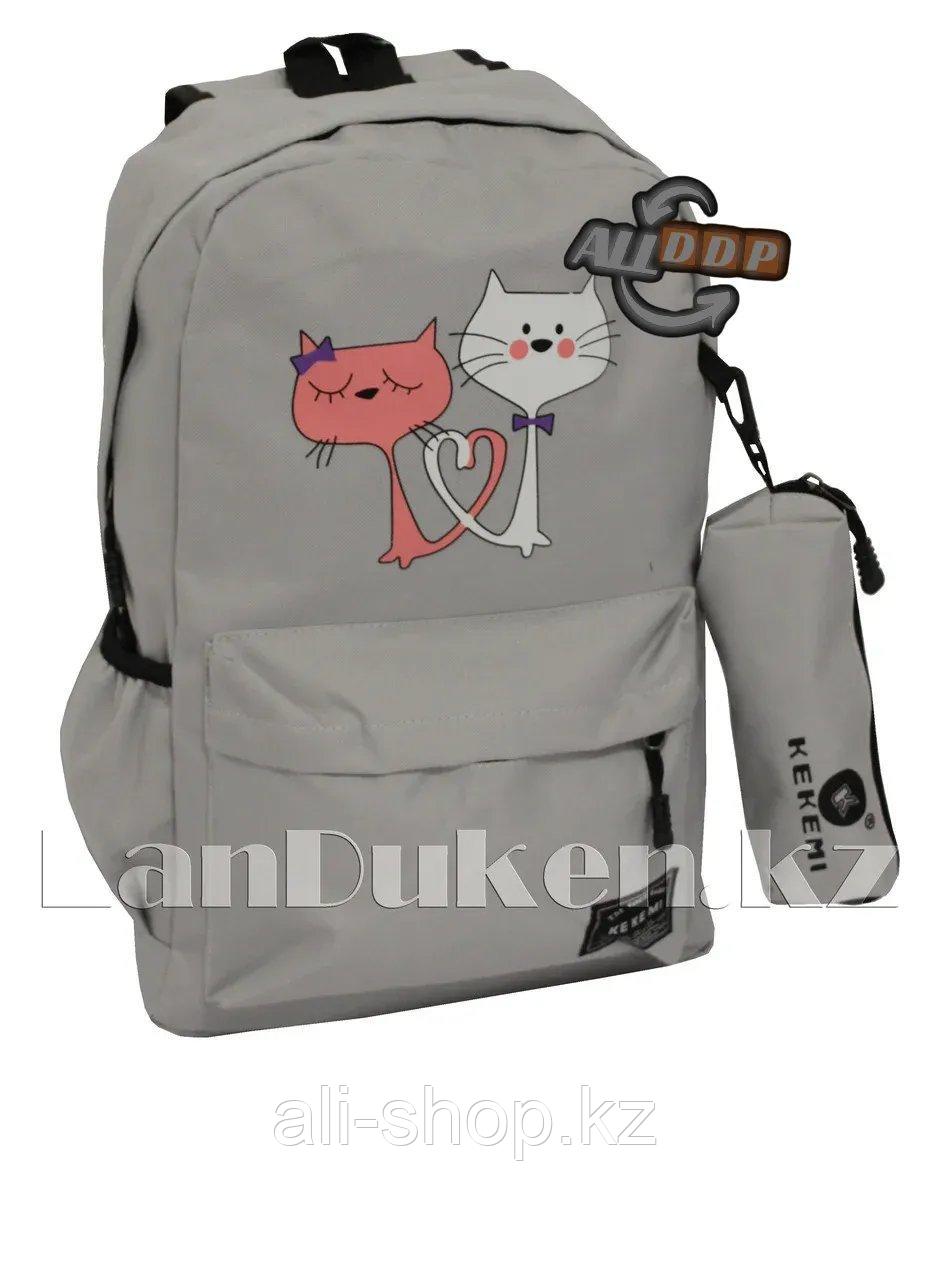Универсальный школьный рюкзак с пеналом серый принт 2 кошки - фото 1 - id-p113496802