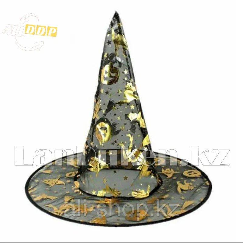 Шляпа ведьмы на Хэллоуин (Halloween) полупрозрачная черная с золотистым рисунком (высота 34 см) - фото 2 - id-p113501713