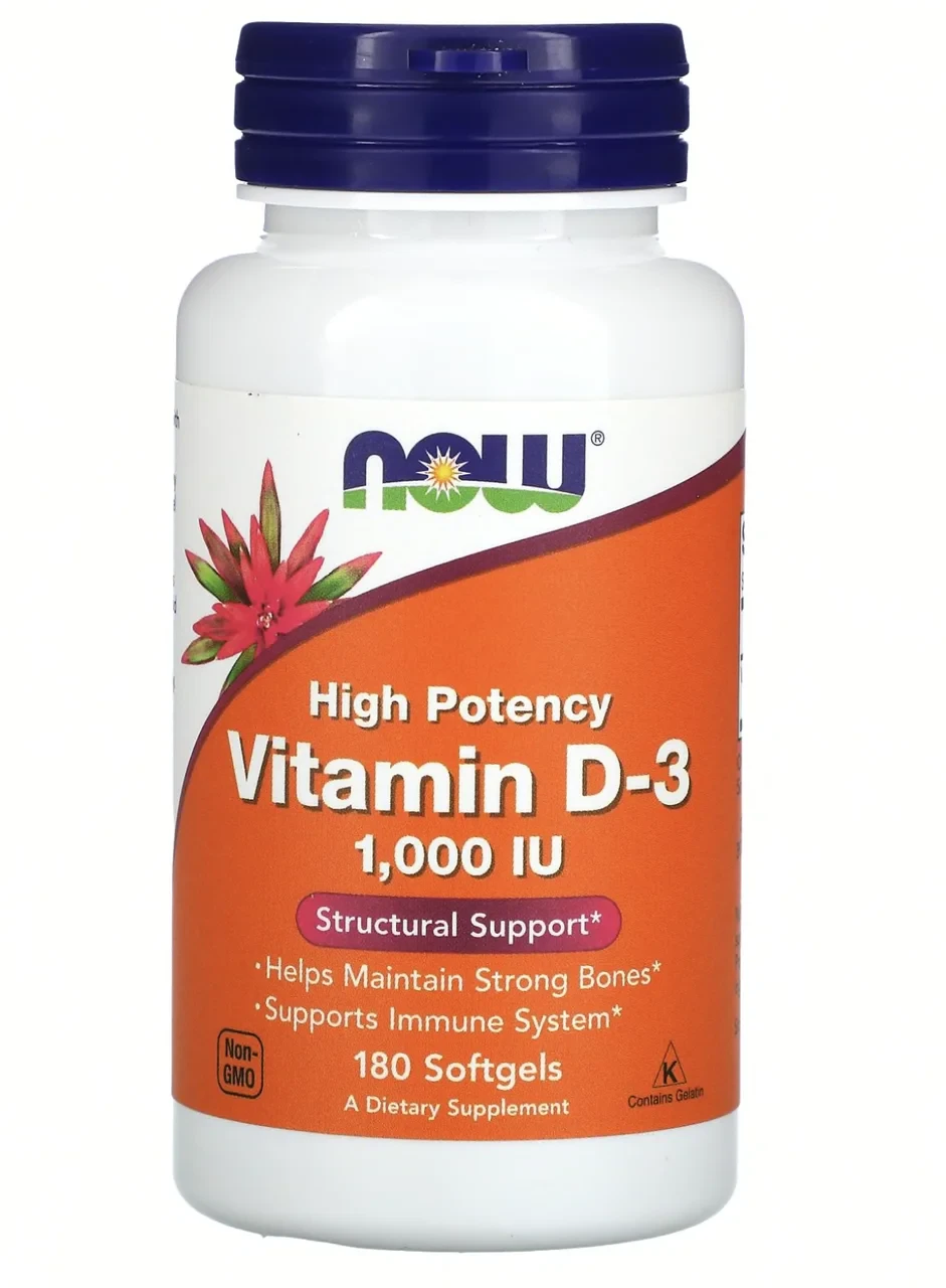 Now Foods, витамин D3, высокоактивный, 25 мкг (1000 МЕ), 180 мягких таблеток - фото 1 - id-p87780101