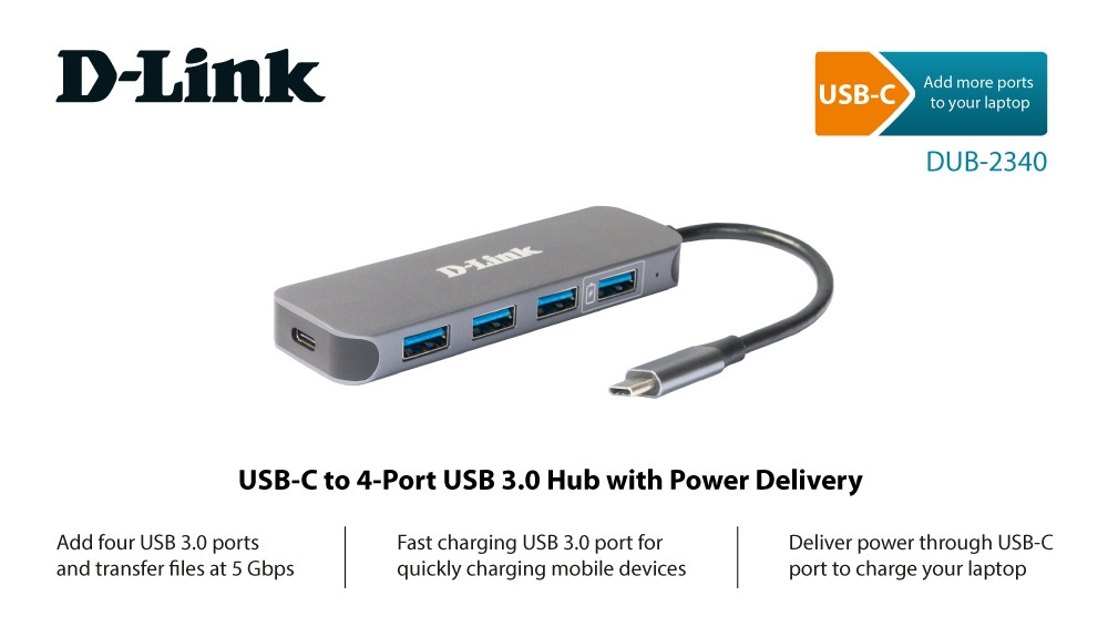 D-link DUB-2340 Компактный концентратор USB 4 x USB 3.0, 1 порт USB Type-C/PD 3.0 и разъемом USB Type-C - фото 2 - id-p113527990