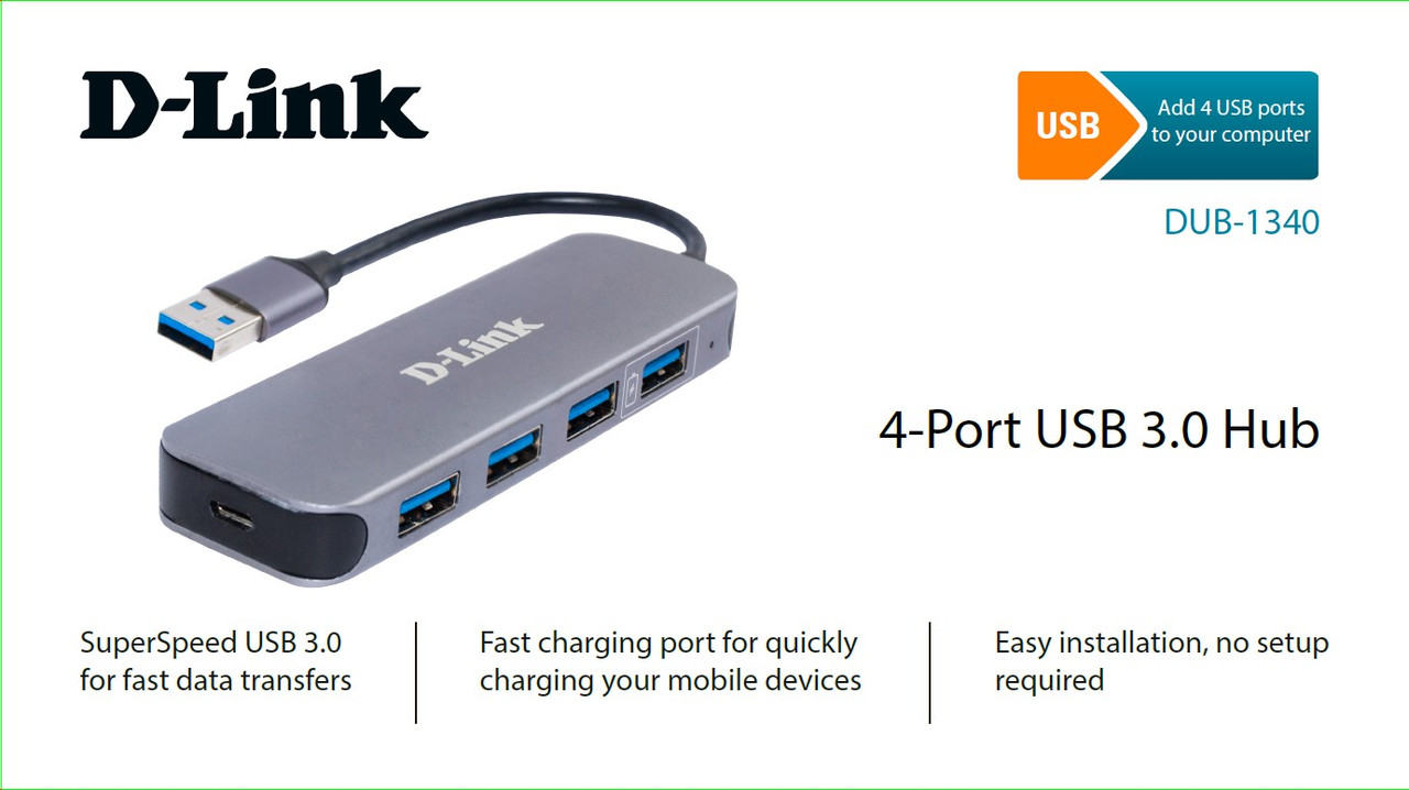 D-Link DUB-1340 Концентратор USB с 4 портами USB 3.0, с адаптером питания - фото 2 - id-p113528003