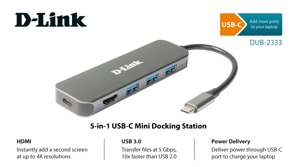 D-Link DUB-2333 Док-станция, 1xUSB Type-C, 3 x USB 3.0, 1 x USB Type-C/PD, 1 x HDMI - фото 2 - id-p113528009