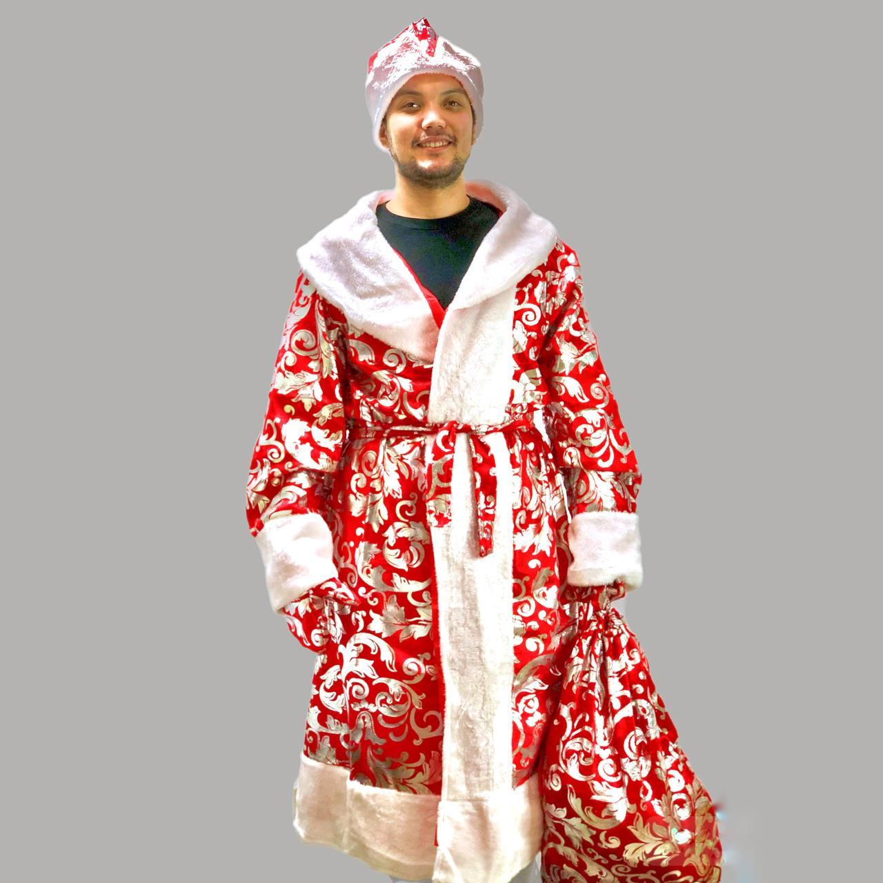 Костюм карнавальный взрослый Деда Мороза Аяз Ата красный с белой окантовкой узорная