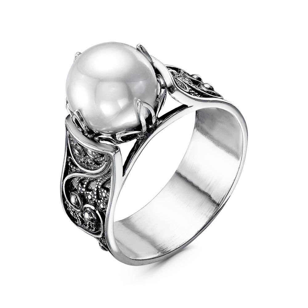 Кольцо Красная Пресня 23612270 серебро оксидированное вставка жемчуг вид серебряное кольцо с филигранью - фото 4 - id-p91262126
