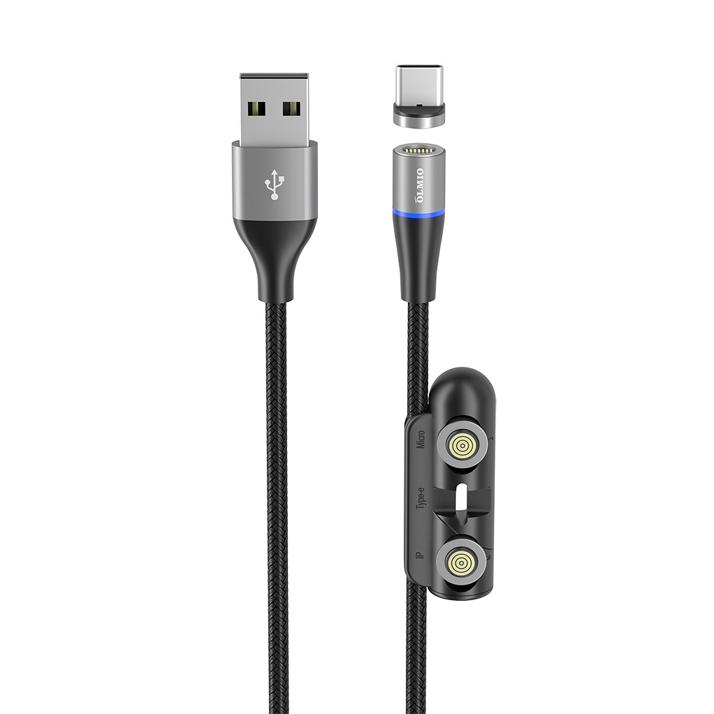 Кабель Olmio MagCable 3in1, USB 2.0 - microUSB/typeC/8-pin, 1,2м, 3A, текстильная оплетка, черный