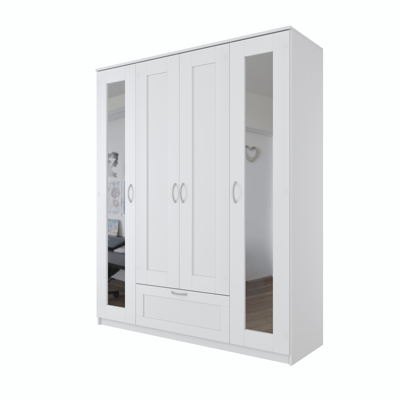 Шкаф СИРИУС комбинированный "4 двери 1 ящик и  2 зеркала 156х59х220 см, белый