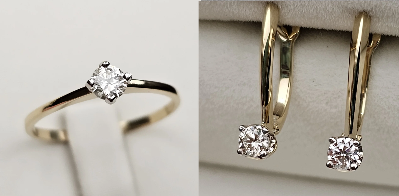 Золотой набор с бриллиантами (кольцо 0,227Сt VS2/J VG-Cut размер 18, серьги 0.3 Ct VS1/L, VG-Cut )