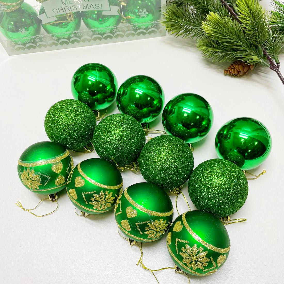 Новогодние елочные шарики зеленые 12 шт 6 см