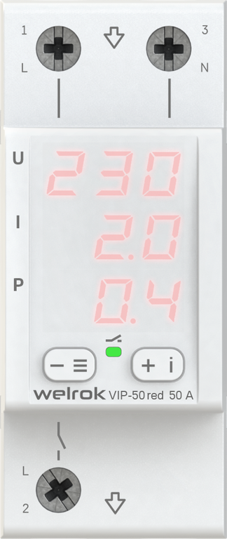 Welrok VIP-50 red Многофункциональное реле с контролем напряжения, тока и мощности, 50А