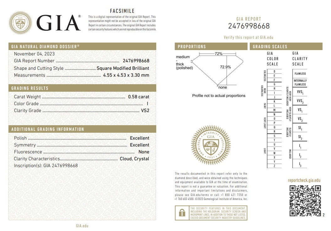 Сертификат GIA, 750 проба, б/з 0,58Ct VS2/I размер 16.5, Золотое кольцо с бриллиантом, огранка Принцесса - фото 2 - id-p113823688
