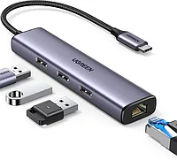USB 3.1(m) Type C түрлендіргіші LAN RJ-45,10/100 Mbps + USB 3.0 HUB 3 порты, 0.2m CM475 (60600) UGREEN