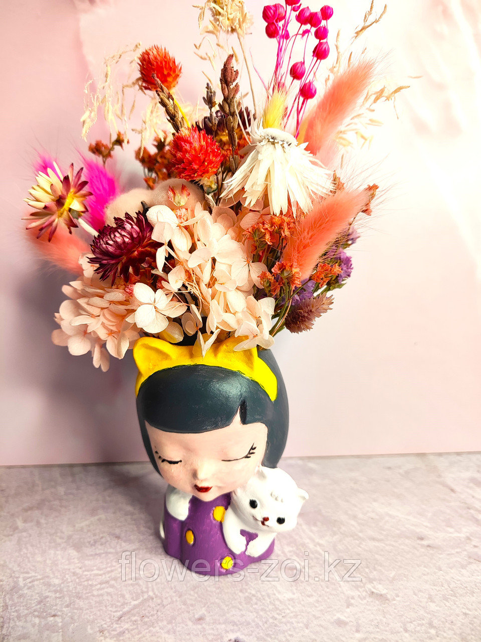 Сухоцветы в кашпо-девочка с собачкой, Высота 15-18 см - фото 1 - id-p113836242