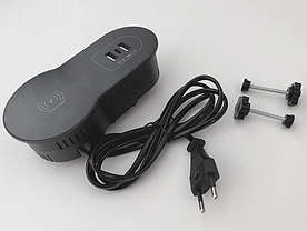 Shelbi Настольный встраиваемый бокс 2 USB, 1 Type-C, беспроводная зарядка, шнур 1,5 м., чёрный, фото 2