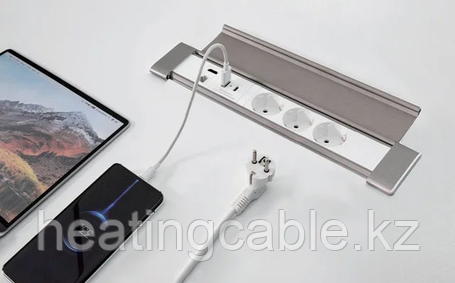 Shelbi SDO3-MULT10-S Настольный блок с крышкой, 3 розетки 200B, 1 USB, 1 Type-C, RJ45, HDMI, серебро, фото 1