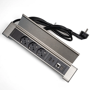 Shelbi SDO3-MULT10-B Настольный блок с крышкой, 3 розетки 200B, 1 USB, 1 Type-C, RJ45, HDMI, серебро, фото 1