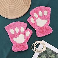 Перчатки митенки кошачьи лапки темно-розовые