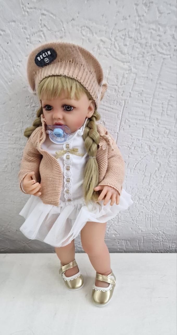 Кукла реборн Baby Born говорящая в платье, бежевая кофта,косы аксессуары в комплекте, руки и ноги подвижные