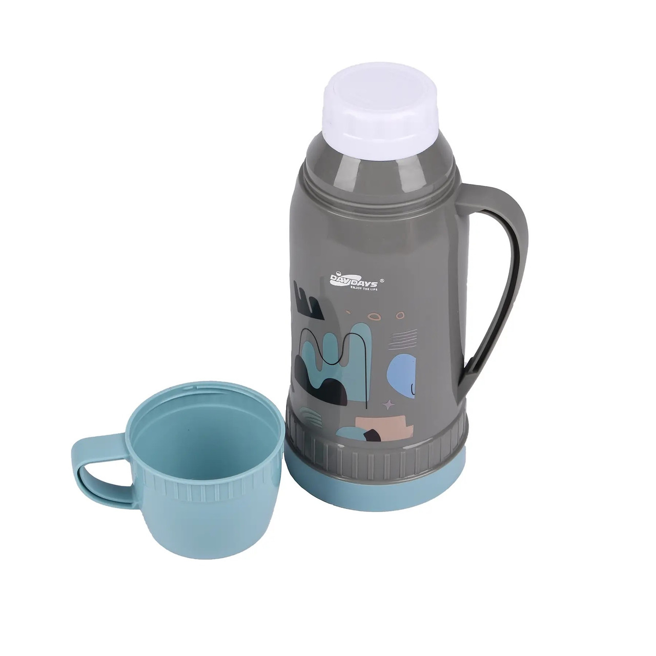 Термос детский с ручкой и чашкой для напитков 1 л, серый с голубым - фото 3 - id-p113874940