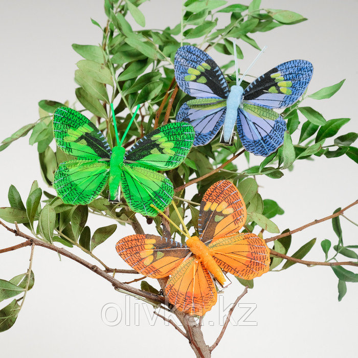 Бабочка для декора и флористики, на прищепке, пластиковая, микс, 1 шт., 8 см