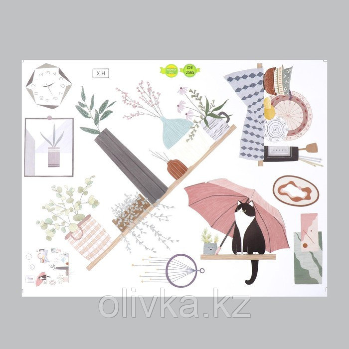 Наклейка пластик интерьерная цветная "Кошка на полочке под зонтом" 45х60 см - фото 2 - id-p113954846