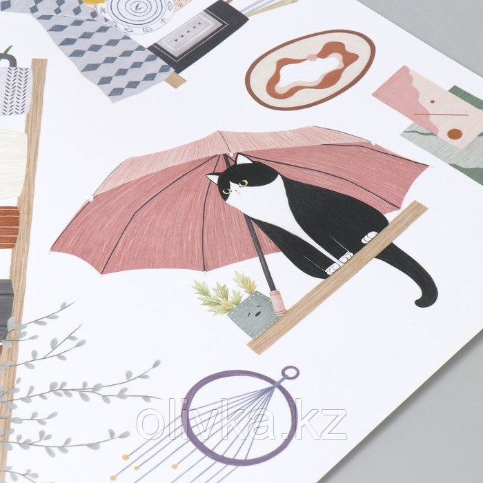 Наклейка пластик интерьерная цветная "Кошка на полочке под зонтом" 45х60 см - фото 3 - id-p113954846