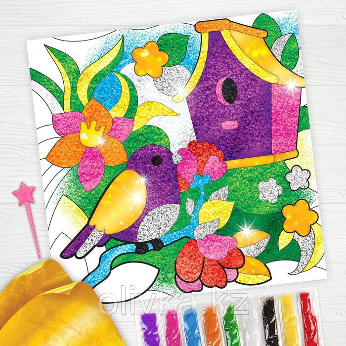 Набор для творчества. Фреска песком «Сказочный сад» + 9 цветов песка по 4 гр, блёстки, стека - фото 2 - id-p113946241