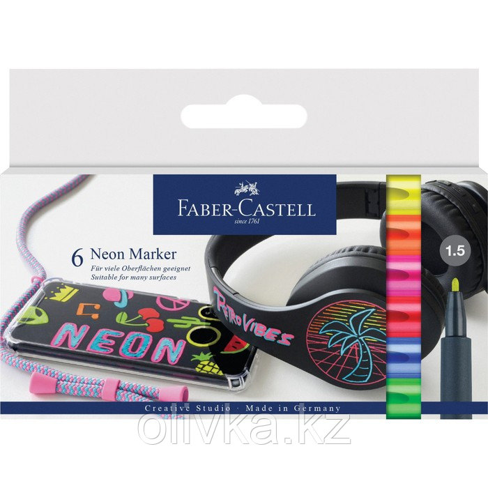 Набор маркеров для декорирования Faber-Castell "Neon", 6 цветов, пулевидный, 1,5 мм, картон, европодвес