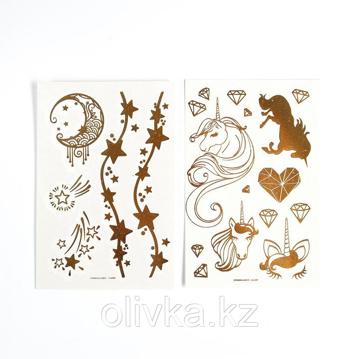 Детские татуировки-переводки, 10×15 см, набор 2 листа, золото, «Единороги, звёзды» - фото 2 - id-p113949152