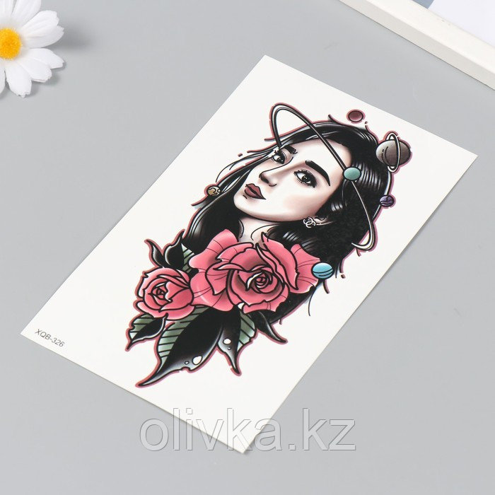 Татуировка на тело чёрная, цветная "Девушка, космос и розы" 12х18,8 см - фото 2 - id-p113955270
