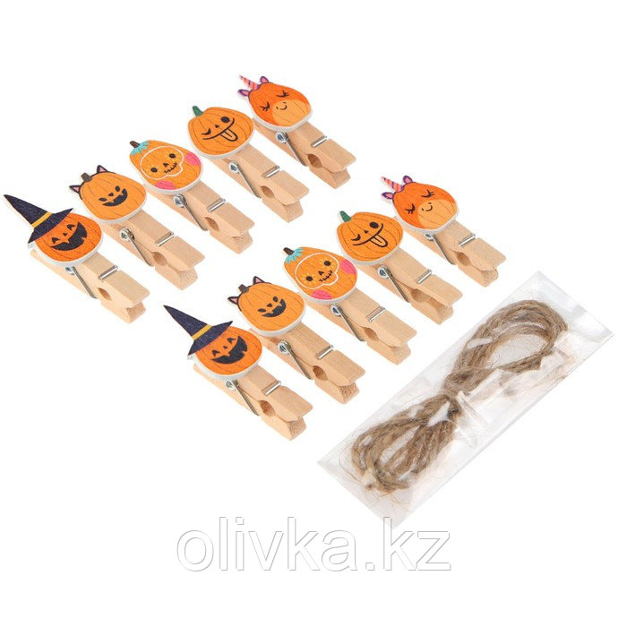 Прищепки декоративные с верёвкой для подвеса «Тыковки на хэллоуин» набор 10 шт., 1,5 × 12 × 14 см - фото 5 - id-p113958130