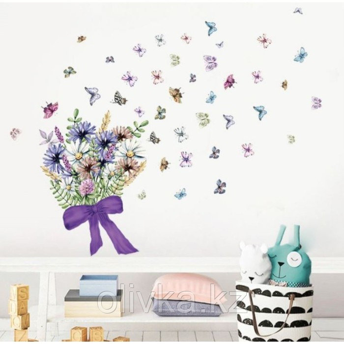 Наклейка пластик интерьерная цветная "Букет полевых цветов с бабочками" 30х90 см - фото 1 - id-p113960038