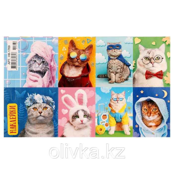 Декоративные наклейки "Забавные коты - 1" глиттер, 16х9,7 см - фото 1 - id-p113959105
