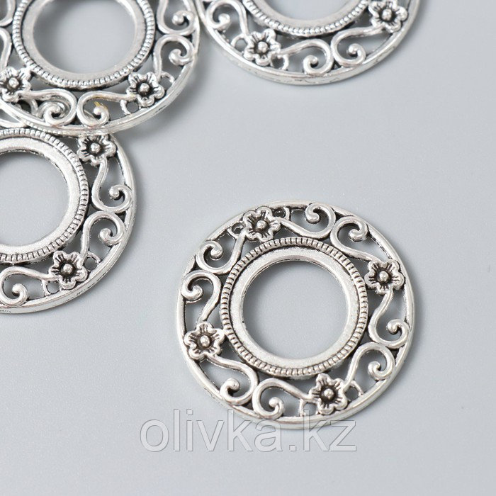 Декор для творчества металл "Круглая рамка цветочная" серебро 3,3х3,3 см - фото 1 - id-p113954612