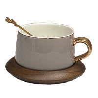 Чашка для кофе Yiwumart, 220 мл, блюдце, ложка, керамика-дерево,кремовый-коричневый
