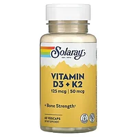 Витамины D3 и K2, 5000 МЕ/50 мкг, без сои, 60 растительных капсул, Solaray