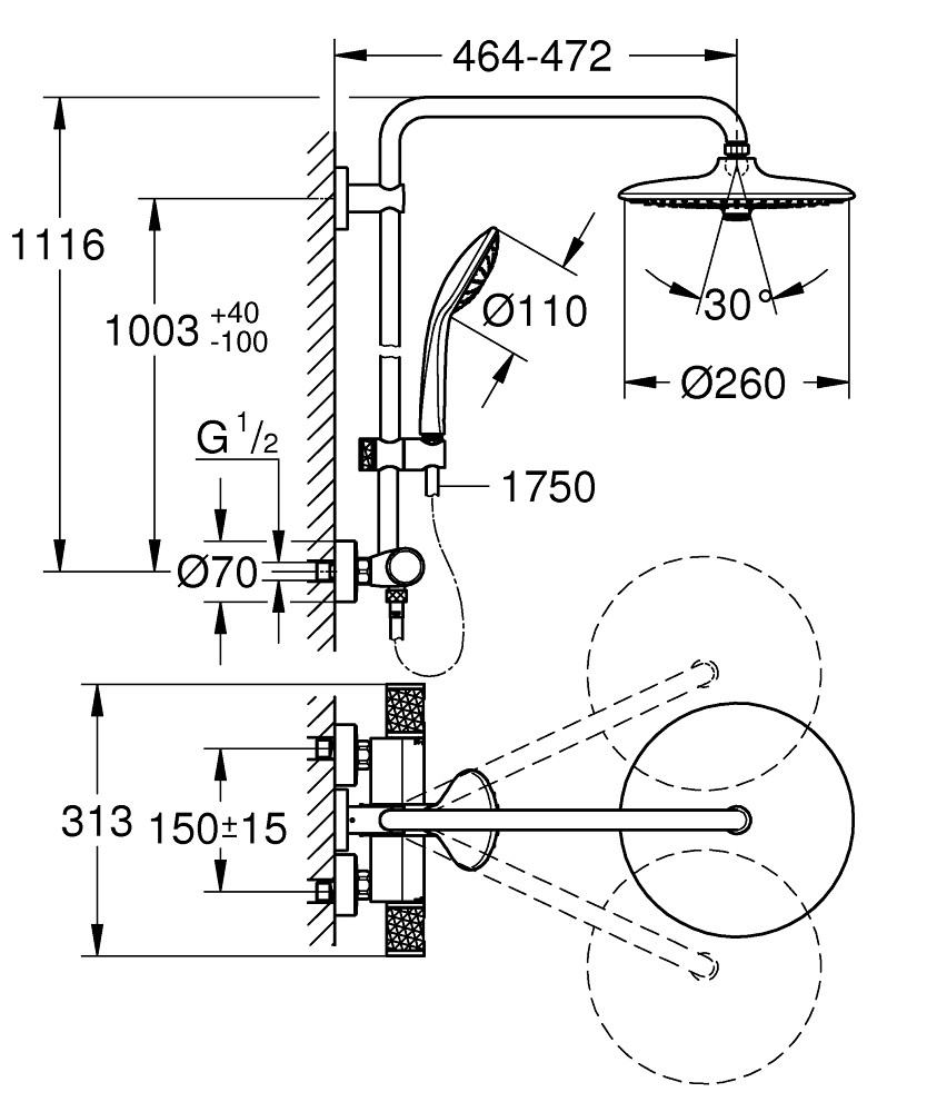Душевая система с термостатом для настенного монтажа Euphoria System 260 - фото 3 - id-p113996098