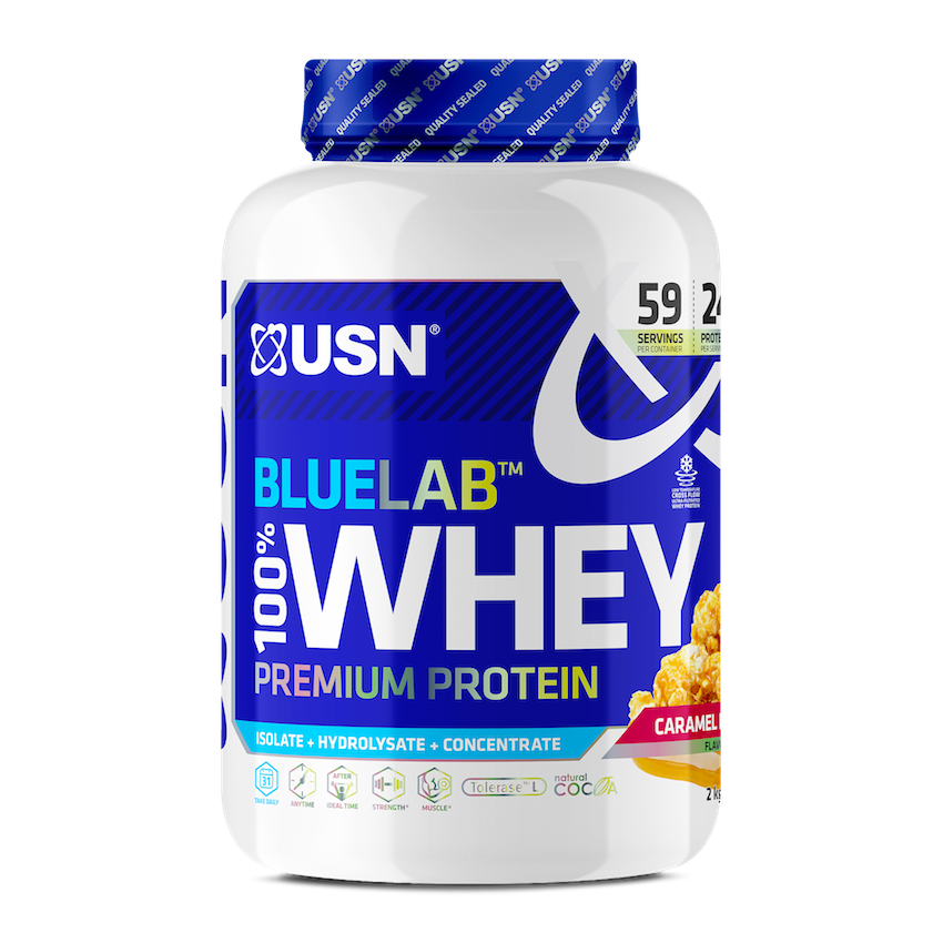 Протеин BlueLab 100% Whey, 2 kg, USN Caramel popcorn - фото 1 - id-p113999697