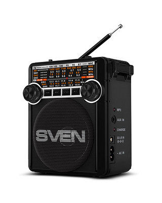 SVEN SRP-355, черный, радиоприемник (мощность 3 Вт (RMS), FM/AM/SW, USB, SD/microSD, фонарь